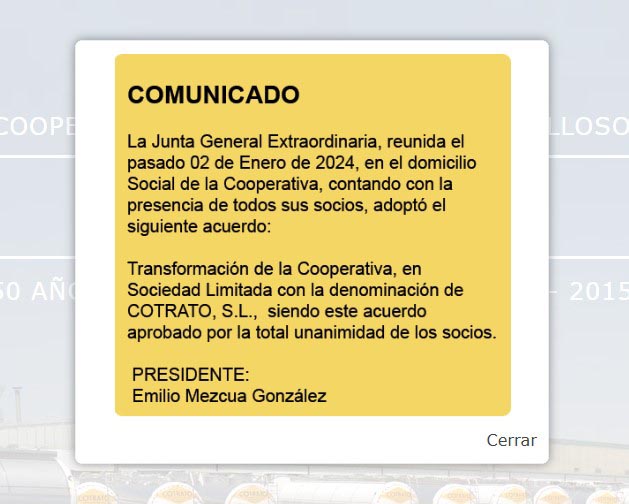 Imagen que aparece en la página web de Cotrato en la comunica su conversión en S.A.